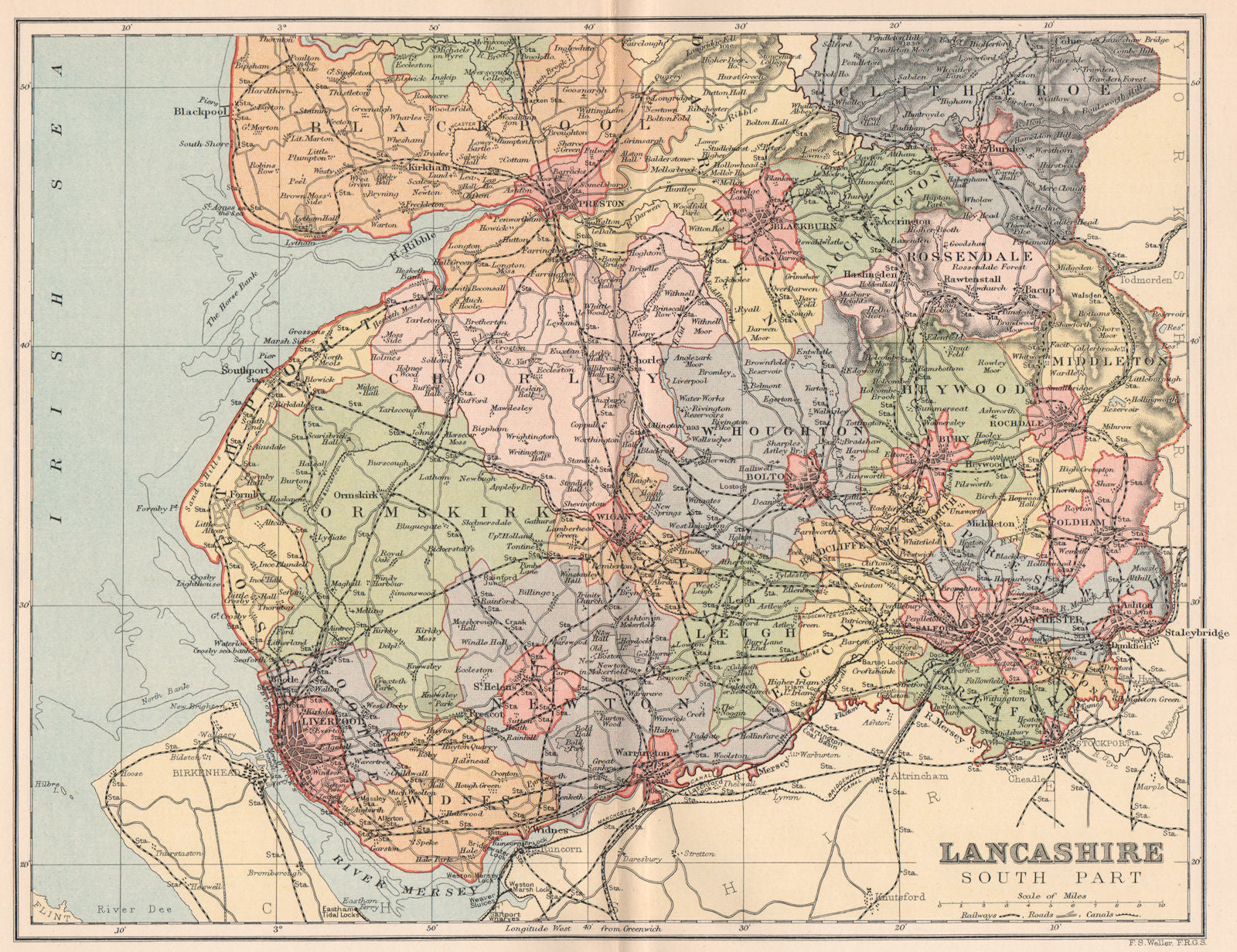LANCASHIRE SOUTH PART. Antique county map 1893 old plan chart